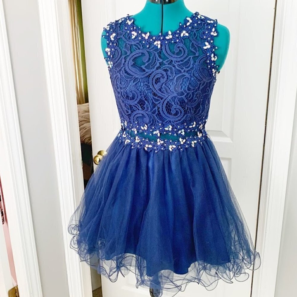 Homecoming Prom Party Beaded Lace Rhinestone Tulle Skater Dress - Picture 1 of 14